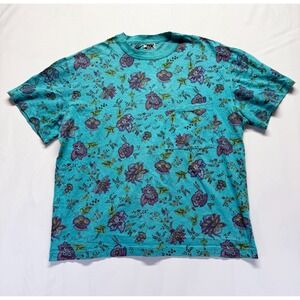 JIK T Shirt Unisex Large Turquoise Floral Allover Print Cotton Everyday Wear